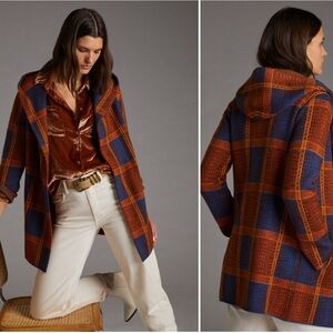 ANTHROPOLOGIE Sz M Field Flower Buffalo Plaid Wool Hooded Coat Open Front